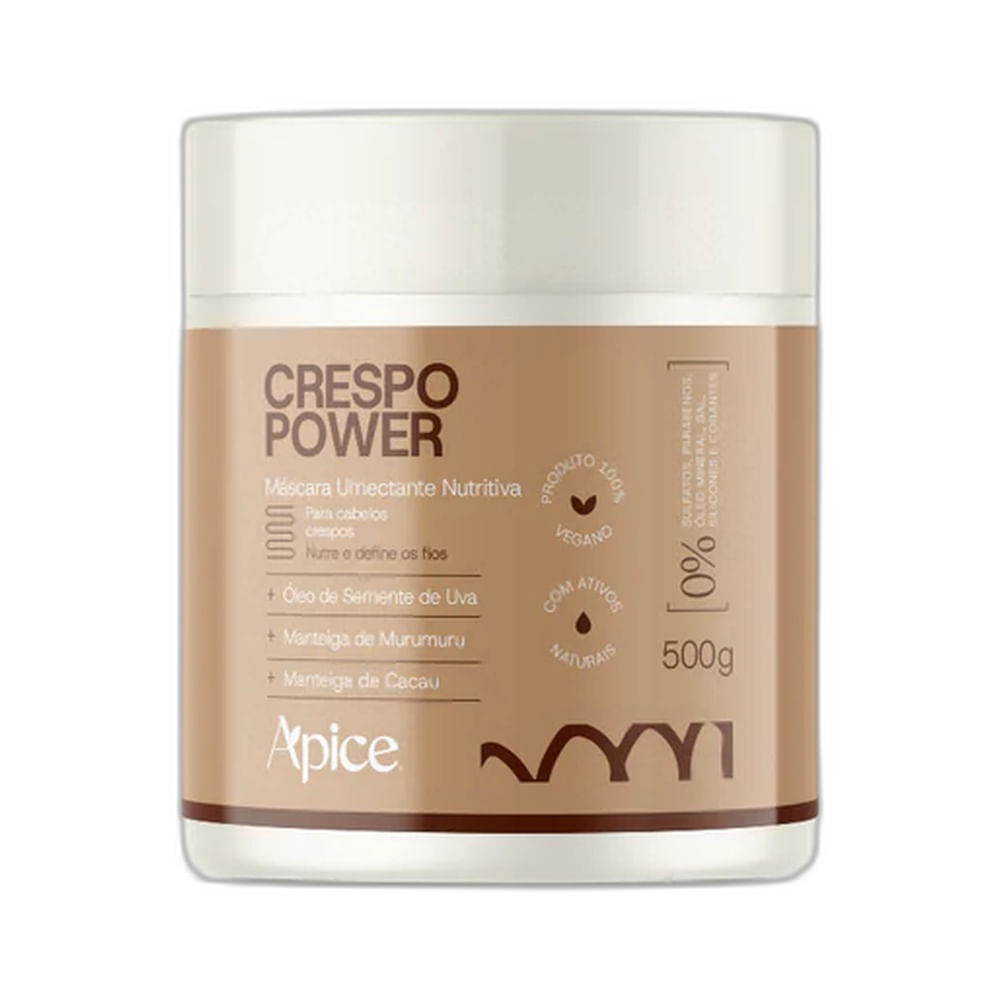 Máscara Capilar Apice Crespo Power Umectante Nutritiva 500g em pote bege claro com tampa branca, destacando ingredientes naturais para cabelos crespos.